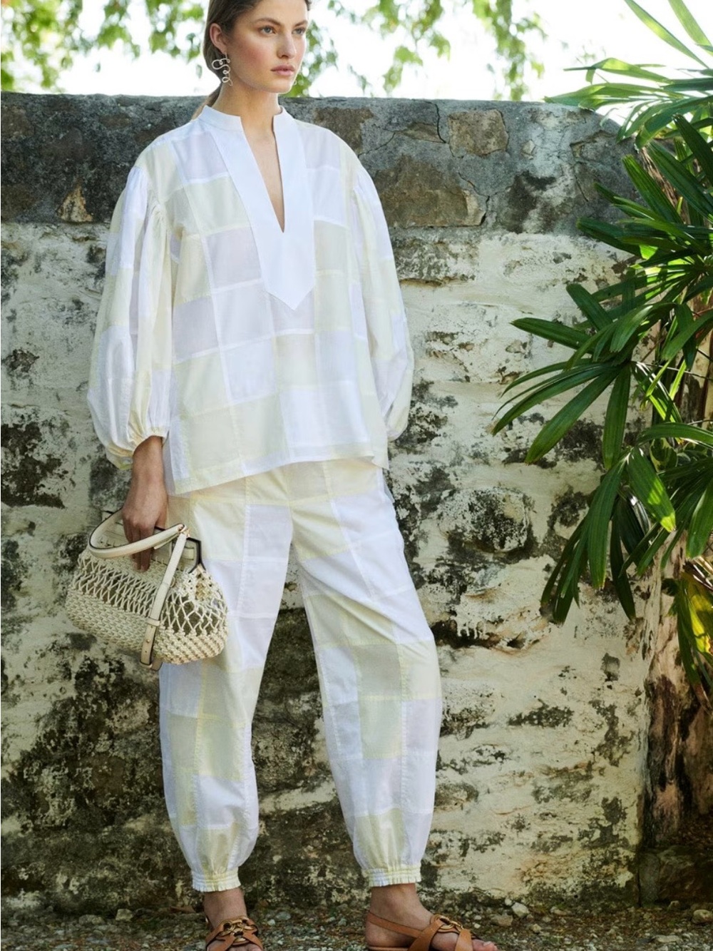 Tory Burch Patchwork Balloon Pants Size 4 Joggers Cotton Poplin Yellow Ivory